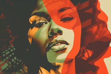 Retro Risograph Art: Striking Portrait of a black woman in red, green yellow colors. Black History Month concept