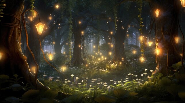 Glowing ancient tree roots with white petals. Mystical forest beauty. Enchanted forest and magical illumination.