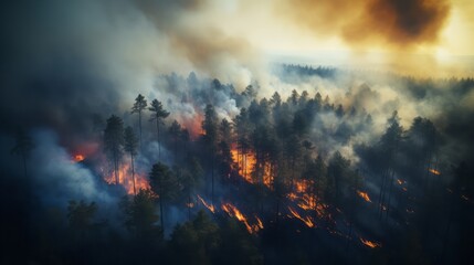 A terrible forest fire destroy trees and animals , smoke in the air , nature is destroyed.Worried, background. - obrazy, fototapety, plakaty