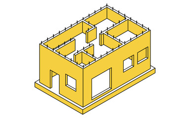 建築構造の図解イラスト、鉄筋コンクリート（RC）のアイソメトリックイラスト