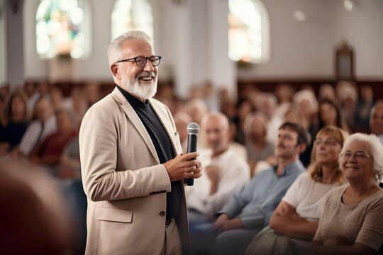 A smiling pastor preaching in a church in front of parishioners.