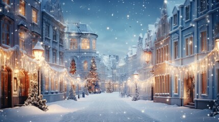 Snow-covered historic buildings with festive lights, winter city street with Christmas tree. Winter holidays in urban setting.