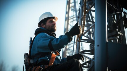 A worker in work climbing an antenna tower. - Powered by Adobe