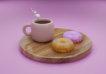 Two donuts and a pink cup of coffee isolated on pink background. Image 3D rendering.