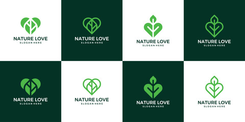 Collection of Nature leaf logo design template with heart love design graphic vector illustration. Symbol, icon, creative.