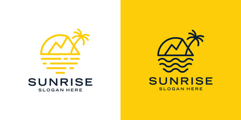 Mountain and sun views logo design template with modern line style design graphic vector illustration. Symbol, icon, creative.