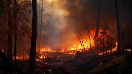 A terrible forest fire destroy trees and animals , smoke in the air , nature is destroyed.Worried, background.