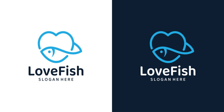 Heart love design template. Fish logo with line art style design graphic vector illustration. Symbol, icon, creative.