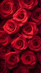 Close-up image showcasing the velvety texture and vibrant red hues of individual rose petals, background image, generative AI