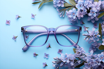 Stylish eyeglasses over pastel background with beautiful flowers. Optical store, glasses selection, eye test, vision examination at optician, fashion accessories concept. Top view, flat lay