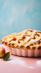 Close-up portrait of  an apple pie against pastel background, background image, generative AI