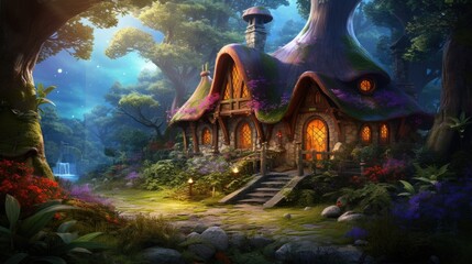 Enchanting forest home nestled among lush flora with cascading waterfall in serene night setting. Fantasy and magic.