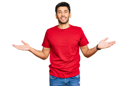 Young handsome man wearing casual red tshirt smiling showing both hands open palms, presenting and advertising comparison and balance