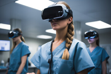 Nurse wearing VR virtual reality headset in training simulation room using virtual reality. - Powered by Adobe