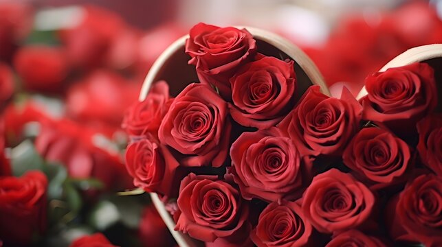 Close-up details of a carefully arranged bouquet of red roses forming a heart shape against a Valentine's Day background, background image, generative AI