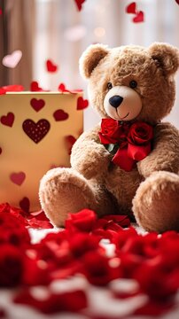 An image featuring a teddy bear surrounded by red roses, capturing the close-up details of the bear's expression and the soft fur, against Valentine's Day background, generative AI