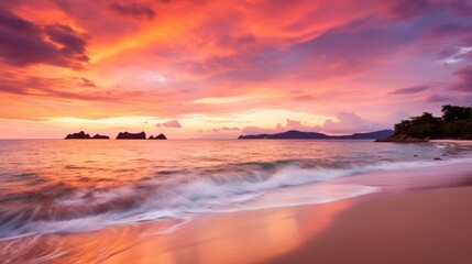  featuring the tranquil allure of a pristine Thai beach. Captured during the magic hour of sunset, the sky unfolds a symphony of pinks and oranges, casting a warm, romantic glow on the scenery.