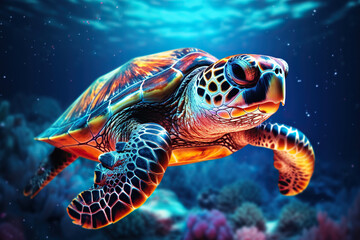 A turtle swims underwater in neon light. Generated by artificial intelligence