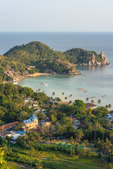 Koh Tao tropical island landscape view on sea, Taa Toh Bay beach, Chalok Baan Kao Bay and shoreline in sunlight from the high viewpoint