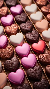 Close-up details of a heart-shaped assortment of chocolates against a Valentine's Day backdrop, background image, generative AI