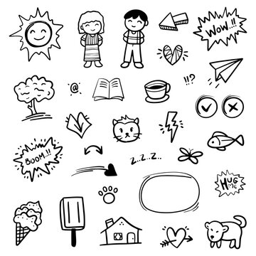 Hand drawn abstract thin line doodle set of objects, in Vector illustration