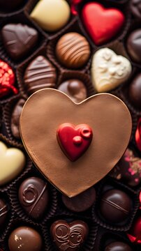 Close-up details of a heart-shaped assortment of chocolates against a Valentine's Day backdrop, background image, generative AI