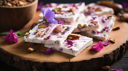 Naklejka na ściany i meble Delicious dessert yogurt bark on a table. Solid yogurt or white chocolate with delicious nuts and berries. Useful dairy dessert with granola, proper nutrition.