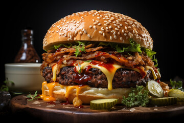 Delicious Grilled Hamburger on Dark Background, Generative AI