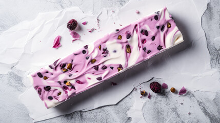 Top view of Delicious dessert yogurt bark on a table. Solid yogurt or white chocolate with delicious nuts and berries. Useful dairy dessert with granola, proper nutrition.