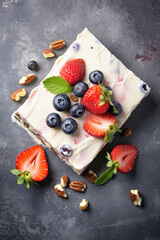 Top view of Delicious dessert yogurt bark on a table. Solid yogurt or white chocolate with delicious nuts and berries. Useful dairy dessert with granola, proper nutrition.