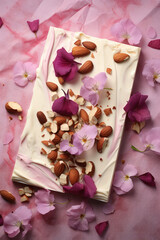 Delicious dessert yogurt bark on a table. Solid yogurt or white chocolate with delicious nuts and berries. Useful dairy dessert with granola, proper nutrition, vertical.