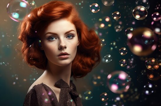 Retro ginger woman with stylish hairdo among soap bubbles. Red haired female model on dreamy flying bubbles background. Generate ai