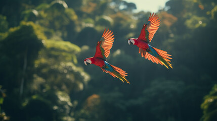 Two red parrots in flight. AI Generative.