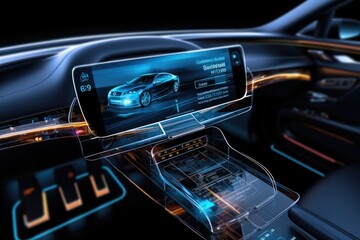 3D holographic car screen showing information such as speed, Gas, Engine. - obrazy, fototapety, plakaty
