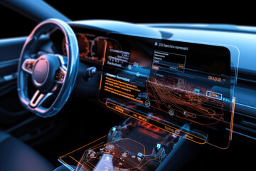 3D holographic car screen showing information such as speed, Gas, Engine.
