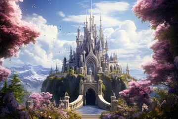Soaring castle spires amid lush floral garden and misty mountains. Pathway leading to grand entrance with flowing river nearby. Fantastical realm inspiration. - obrazy, fototapety, plakaty