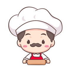 Cute chef logo mascot cartoon character. People professional concept design. Chibi flat vector illustration. Isolated white background. 