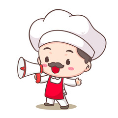 Cute chef holding megaphone logo mascot cartoon character. People professional concept design. Chibi flat vector illustration. Isolated white background. 