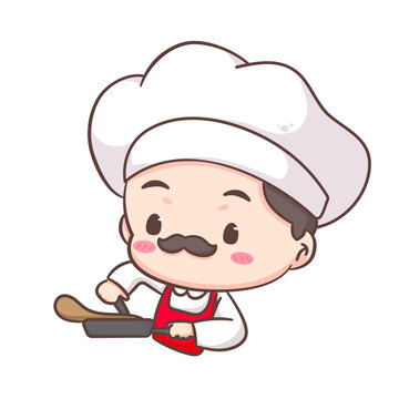 Cute chef cooking logo mascot cartoon character. People professional concept design. Chibi flat vector illustration. Isolated white background. 