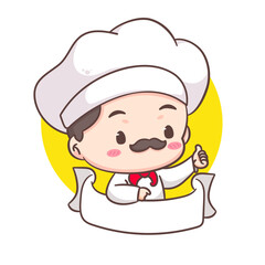 Cute chef logo mascot cartoon character. People professional concept design. Chibi flat vector illustration. Isolated white background. 
