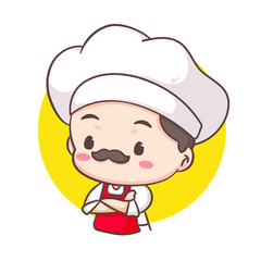 Obraz premium Cute chef crossed arm logo mascot cartoon character. People professional concept design. Chibi flat vector illustration. Isolated white background. 