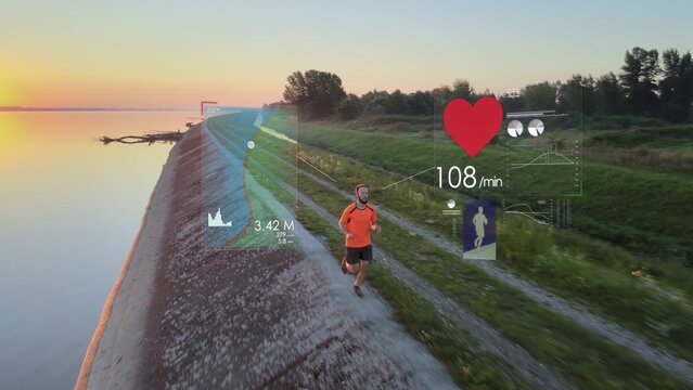 Runner at sunrise with holographic fitness tracker, 3D render animation concept