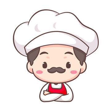 Cute chef crossed arm logo mascot cartoon character. People professional concept design. Chibi flat vector illustration. Isolated white background. 
