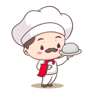 Cute chef logo mascot cartoon character. People professional concept design. Chibi flat vector illustration. Isolated white background. 
