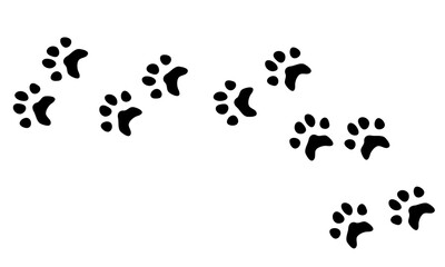 Cat track paw print, black on white , graphic design doodle style, minimalistic  , domestic pet kitty cute animal for different design uses , card , book , banner ,tattoo , fabric or other design 