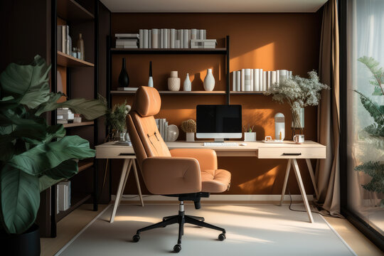 The office space is a small room with an brown wall, White Office Ergonomic chair and a desk.