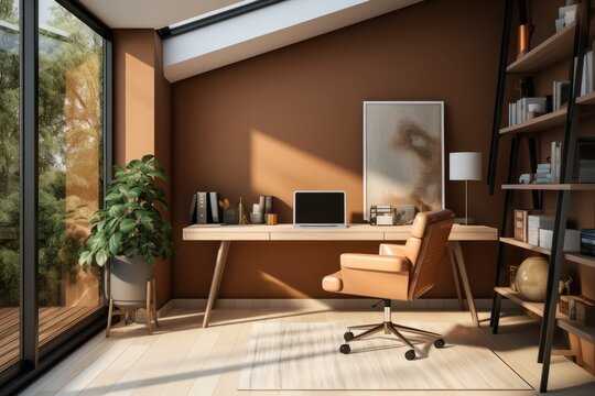 The office space is a small room with an brown wall, White Office Ergonomic chair and a desk.