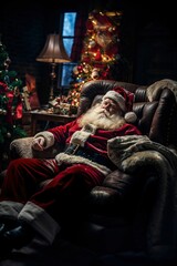 Festive Santa Claus Seated on a Cozy Sofa, Decorating a Christmas Tree in a Warm Holiday Home