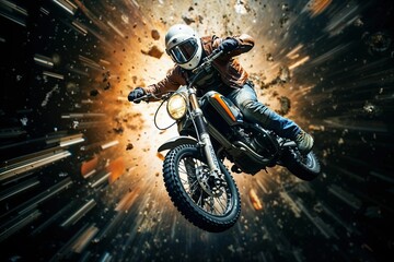 Motocross rider in helmet and leather jacket riding on a motorcycle with stunning background
