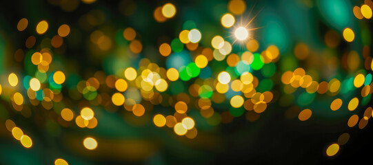 Holiday Abstract shiny green and gold bokeh and glitter for invitation. green and golden bokeh...